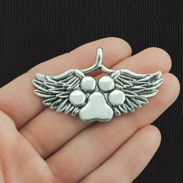 2 Paw Print Angel Wings Antique Silver Tone Charms - SC2906