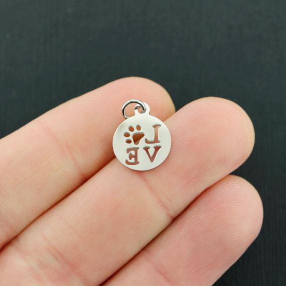2 Paw Print Love Silver Tone Stainless Steel Charms with Attached Jump Ring - FD727