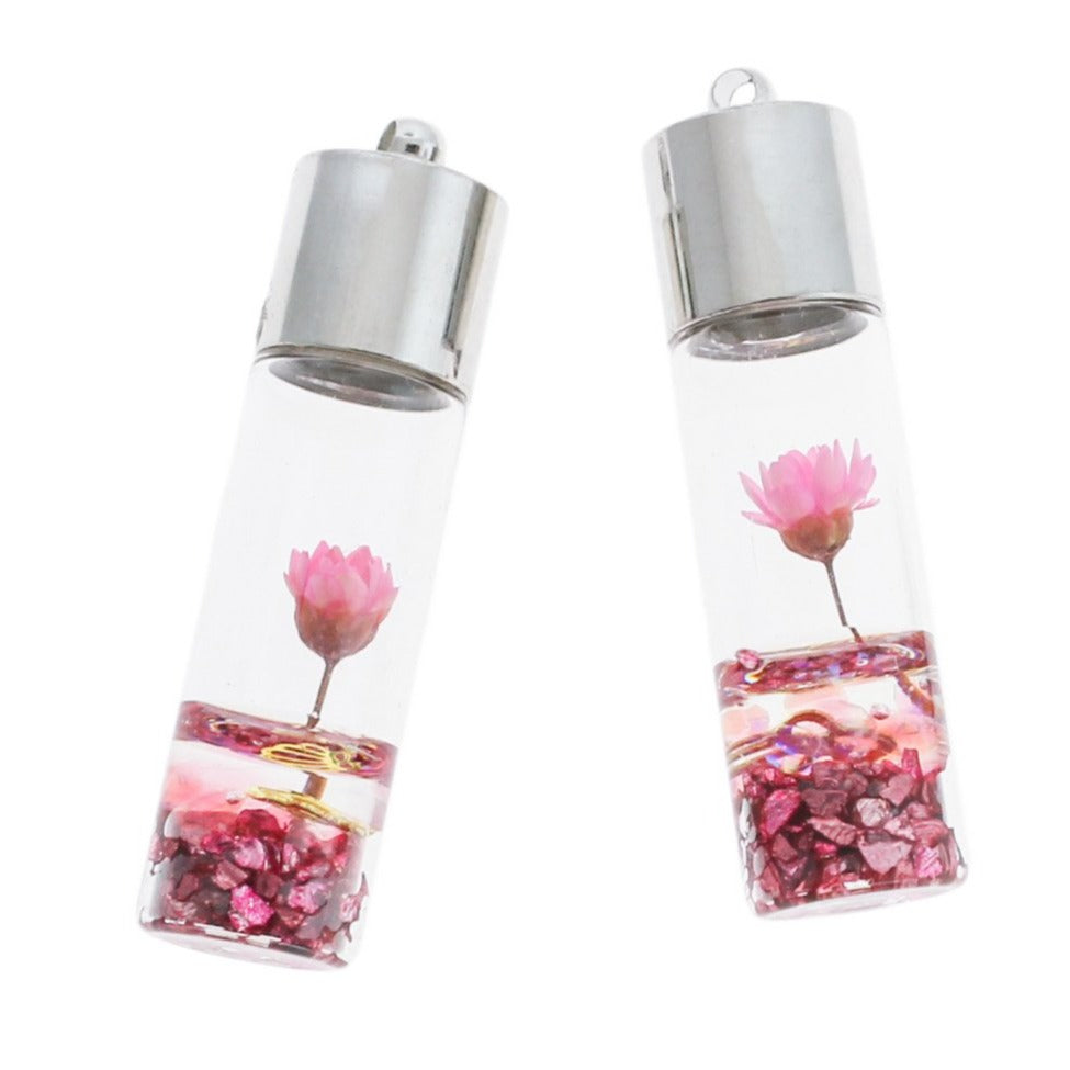 2 pendentifs bouteille de souhaits en verre floral rose 3D - Z1058