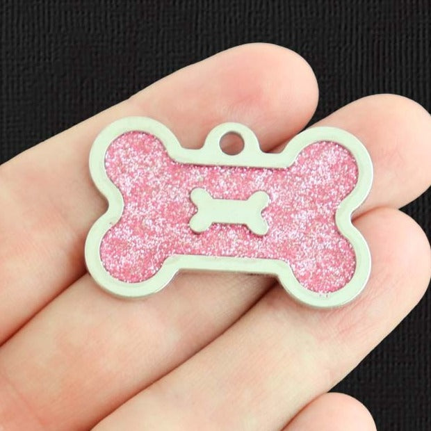 2 breloques en émail argenté avec os de chien scintillant rose - E1383