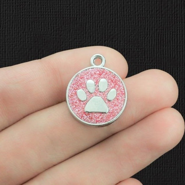 2 Pink Paw Print Silver Tone Enamel Charms - E1232