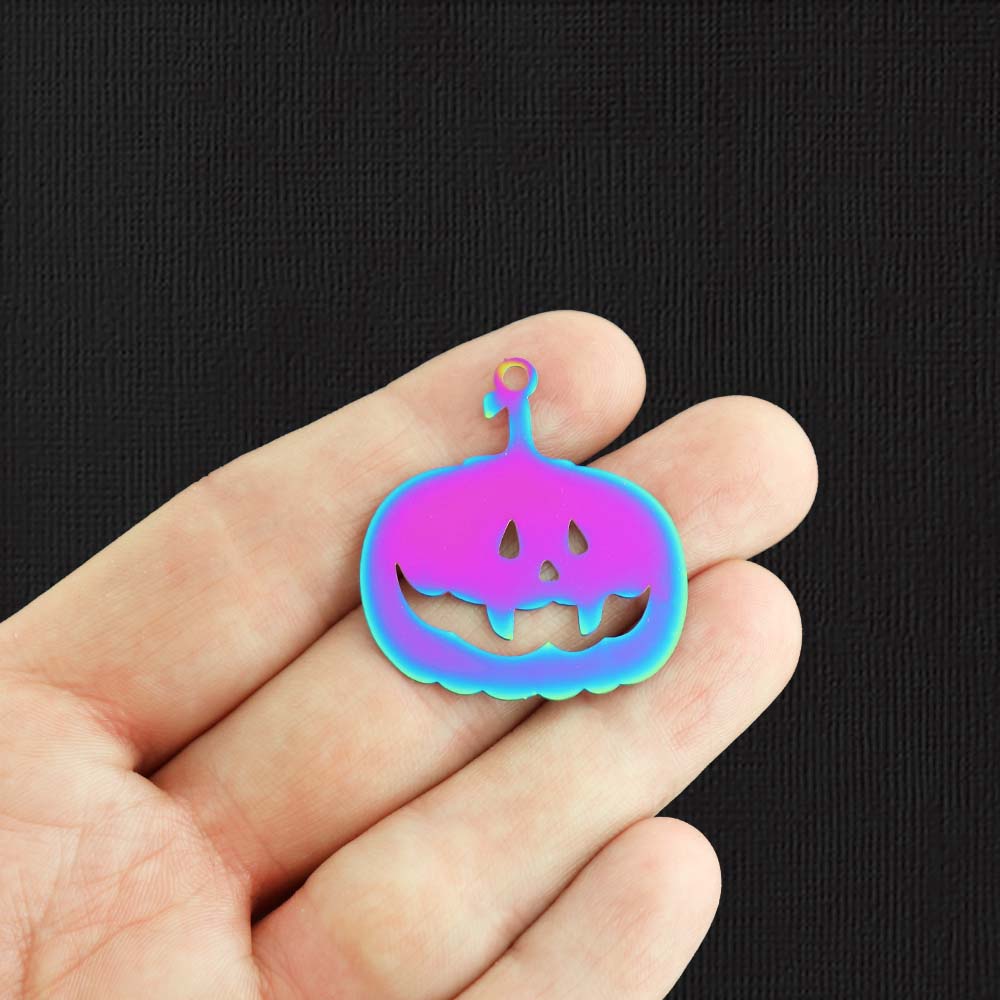 2 Pumpkin Rainbow Electroplated Stainless Steel Charms 2 Sided - SSP484