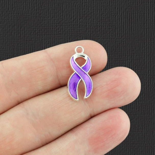 2 Purple Awareness Ribbon Silver Tone Enamel Charms - E240