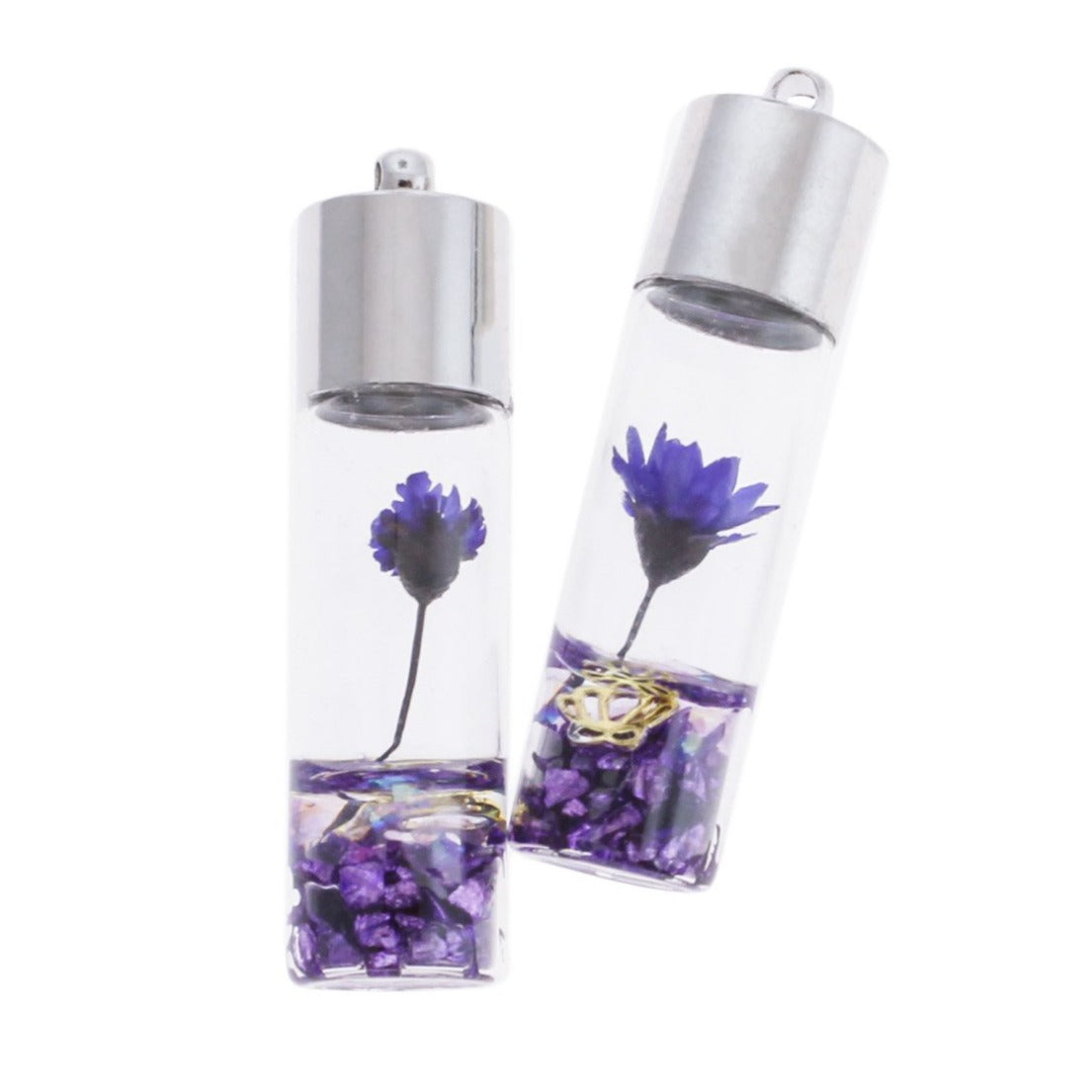 2 pendentifs bouteille de souhaits en verre floral violet 3D - Z757