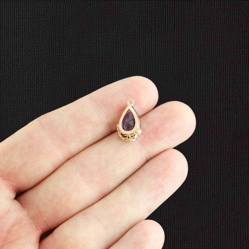 2 pendentifs en verre violet breloques dorées - Z279