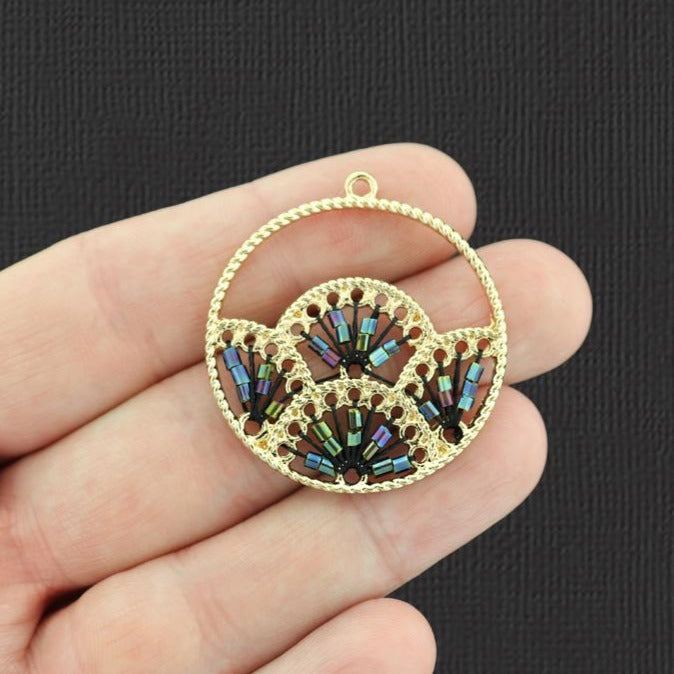 2 pendentifs arc-en-ciel en perle de rocaille noire ton or - Z1447