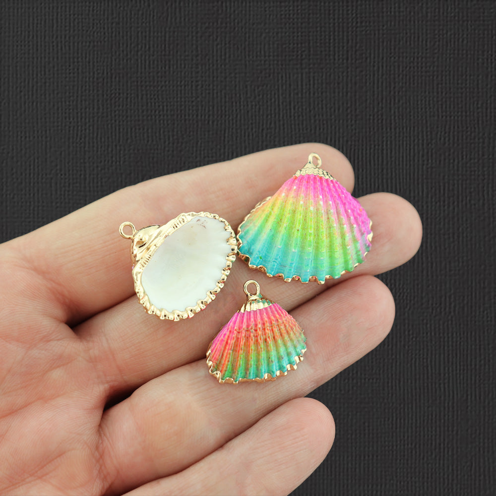 2 Rainbow Natural Seashell Gold Tone Enamel Charms - E984