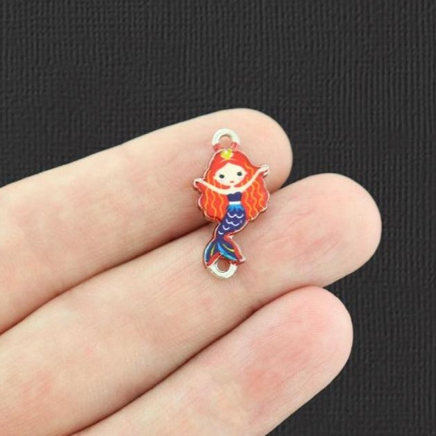 2 Red Hair Mermaid Connector Silver Tone Enamel Charms - E989