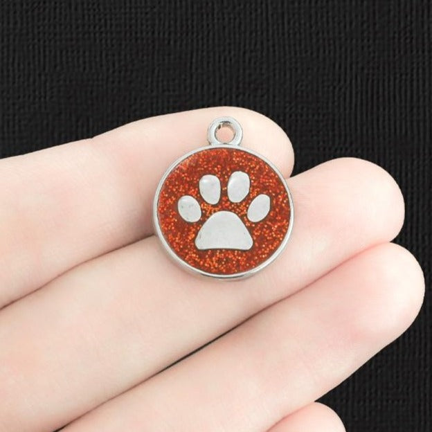 2 Red Paw Print Silver Tone Enamel Charms - E360