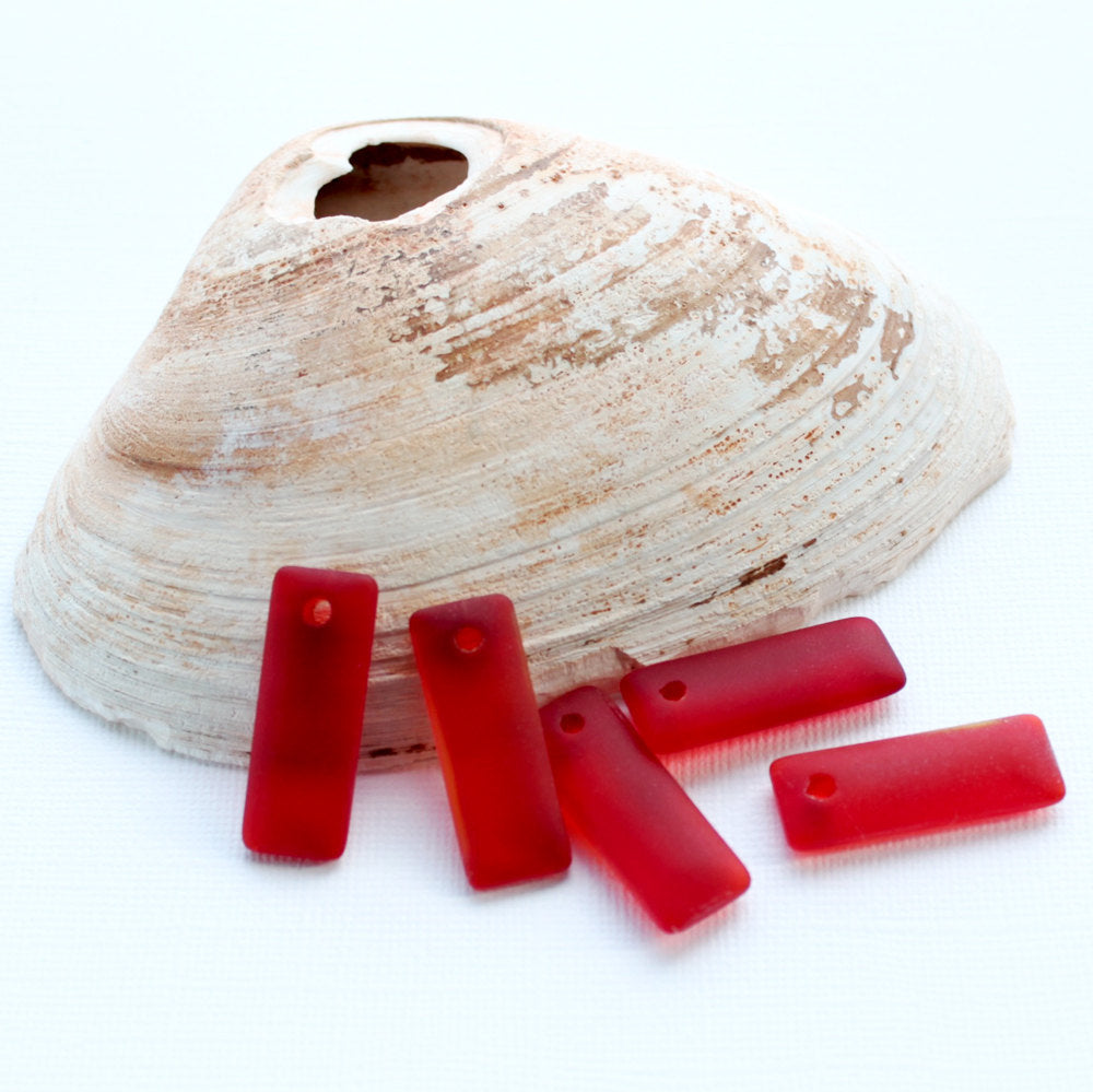2 Red Rounded Rectangle Cultured Sea Glass Charms - U074