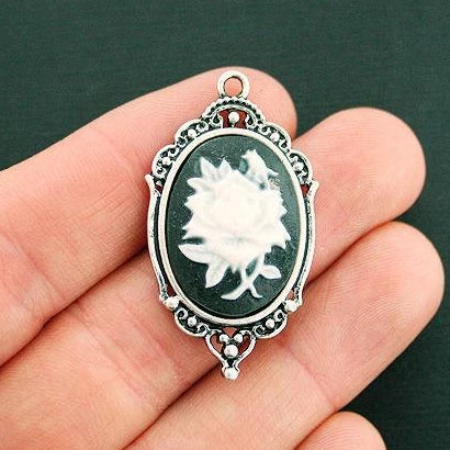 2 Rose Cabochon Silver Tone Enamel Charms - E323
