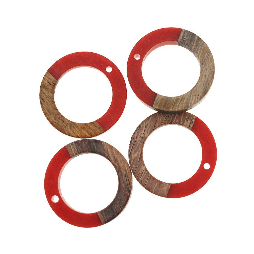 2 Charms Ronds Bois Naturel et Résine Rouge 28mm - WP056