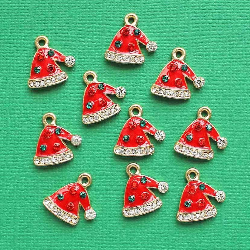 2 breloques en émail doré avec bonnet de Noel et strass - E122