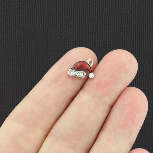 2 Santa Hat Silver Tone Enamel Charms with Inset Rhinestones - XC123