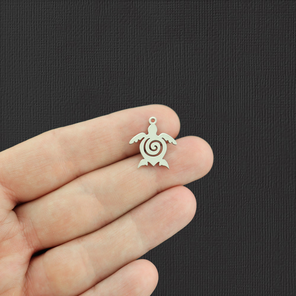 2 breloques tortue de mer en acier inoxydable ton argent 2 faces - SSP258