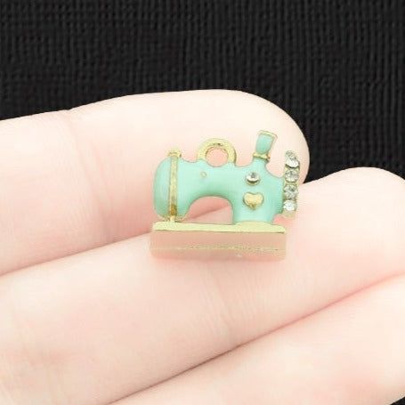 2 Sewing Machine Gold Tone Enamel Charms With Inset Rhinestones - E1350