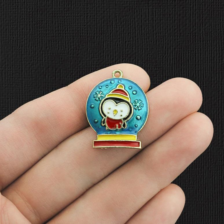 2 Snow Globe Penguin Gold Tone Enamel Charms - E1114