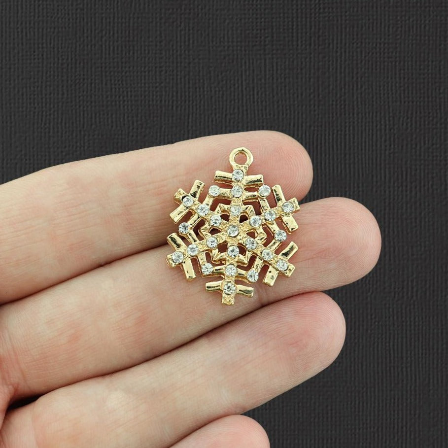 2 Snowflake Gold Tone Charms With Inset Rhinestones - GC1036
