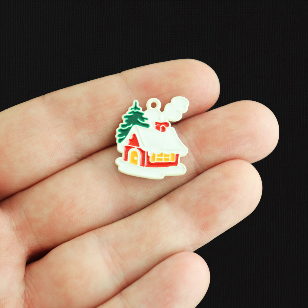 2 Snowy House Silver Tone Enamel Charms - E1613