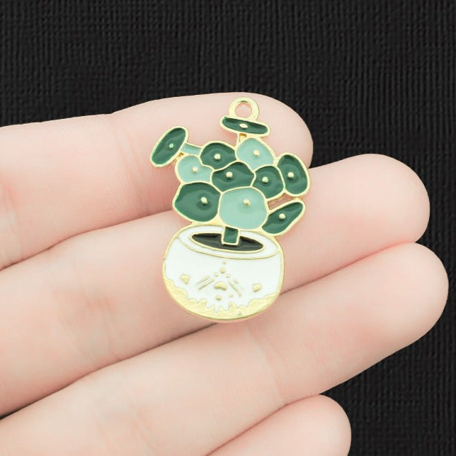 2 Succulent Gold Tone Enamel Charms - E1435