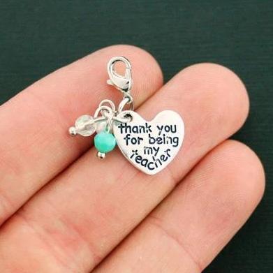 2 Teacher Heart Antique Silver Tone Charms With Drop - SC6813