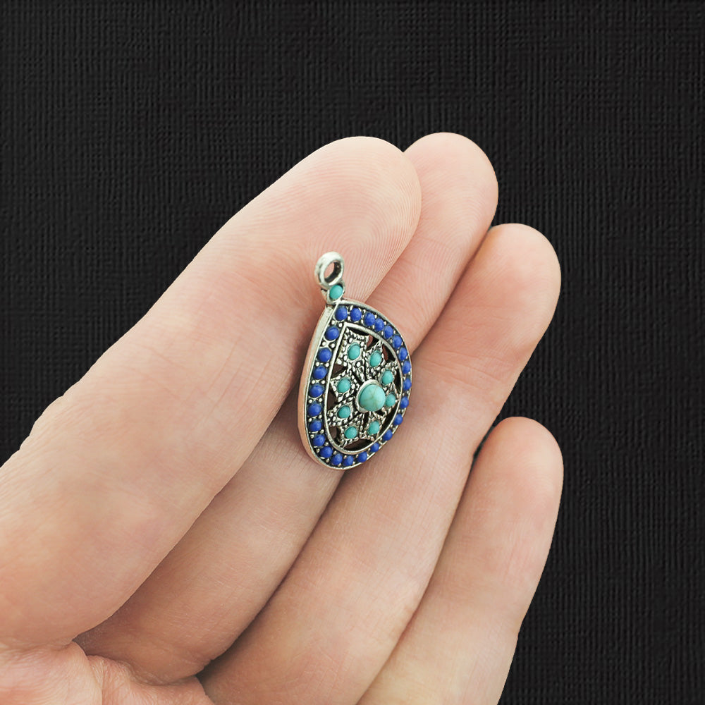 2 Teardrop Antique Silver Tone Charms with Inset Rhinestones - E1194