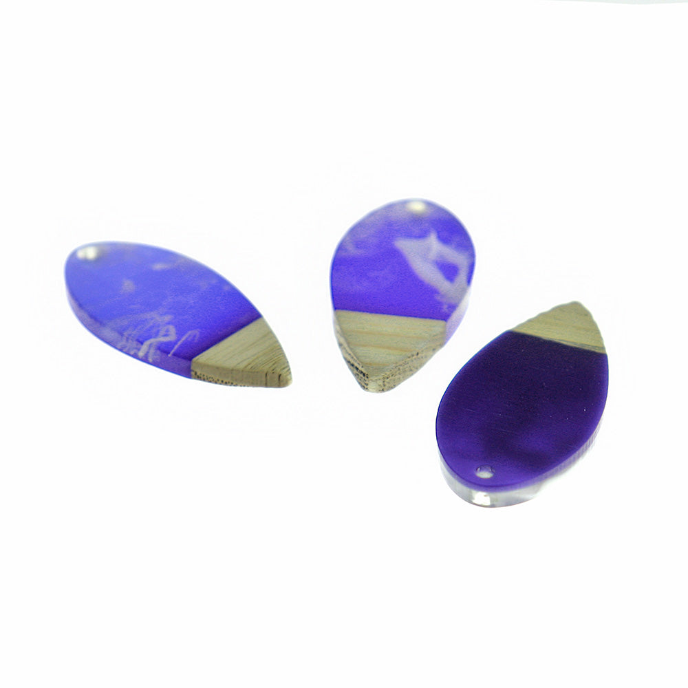 2 Teardrop Natural Wood and Resin Charms - 38mm - Black or Blue