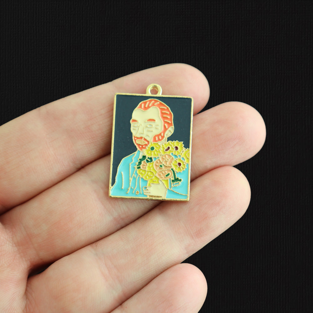 2 Van Gogh's Self Portrait with Sunflowers Gold Tone Enamel Charms - E546