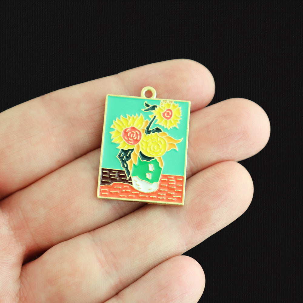 2 Van Gogh's Sunflowers Gold Tone Enamel Charms - E343