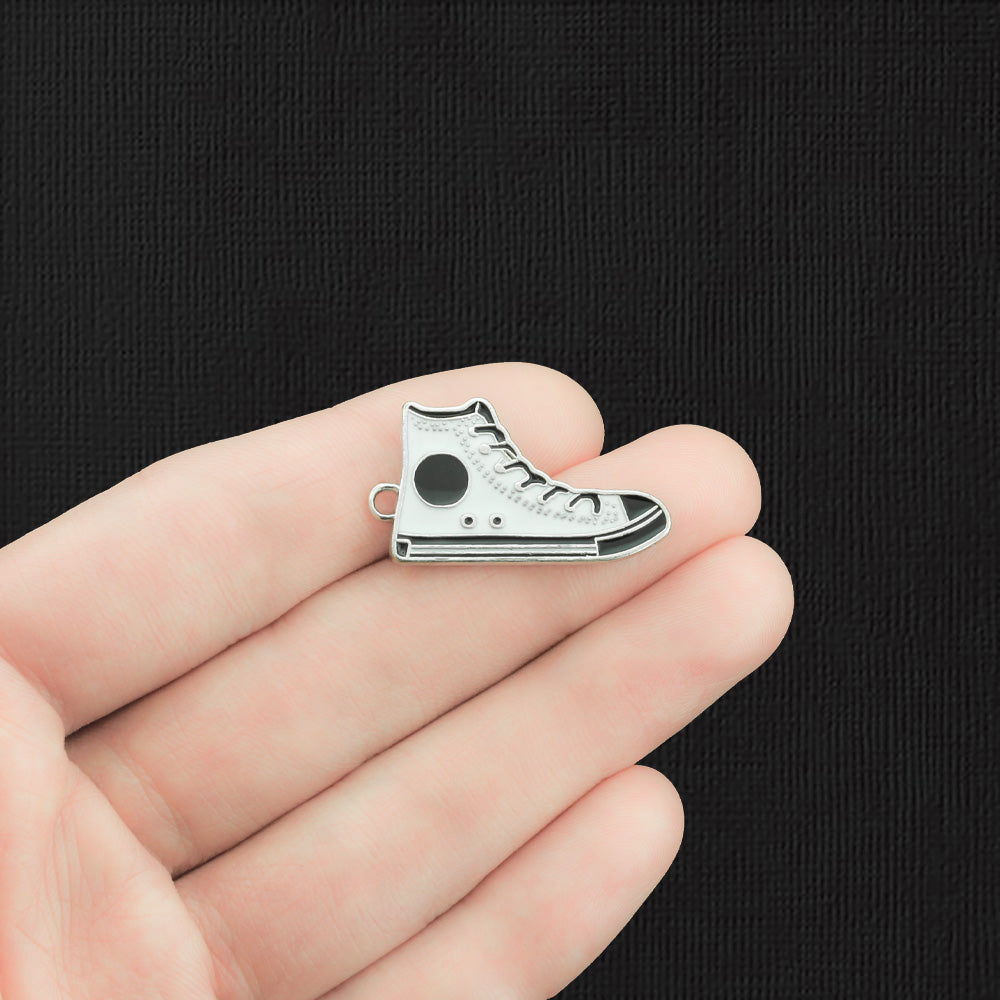 2 White Running Shoe Silver Tone Enamel Charms 2 Sided - E1244