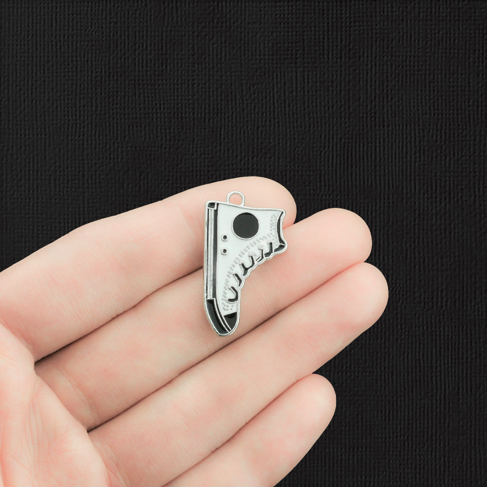 2 White Running Shoe Silver Tone Enamel Charms 2 Sided - E1244