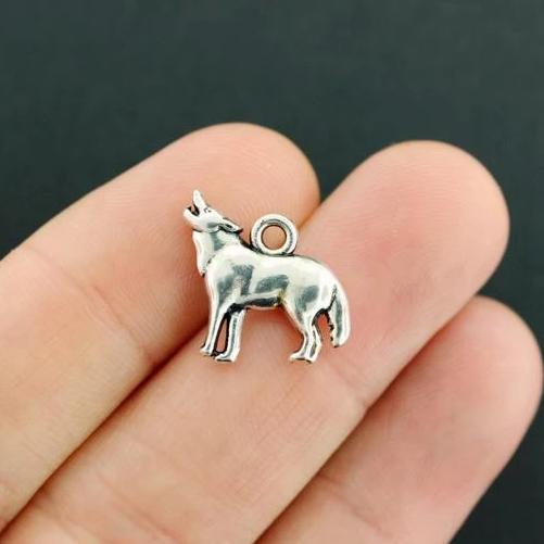 2 Wolf Antique Silver Tone Charms 2 Sided - SC7913
