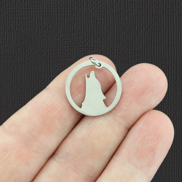 2 Wolf Silver Tone Stainless Steel Charms 2 Sided - SSP031
