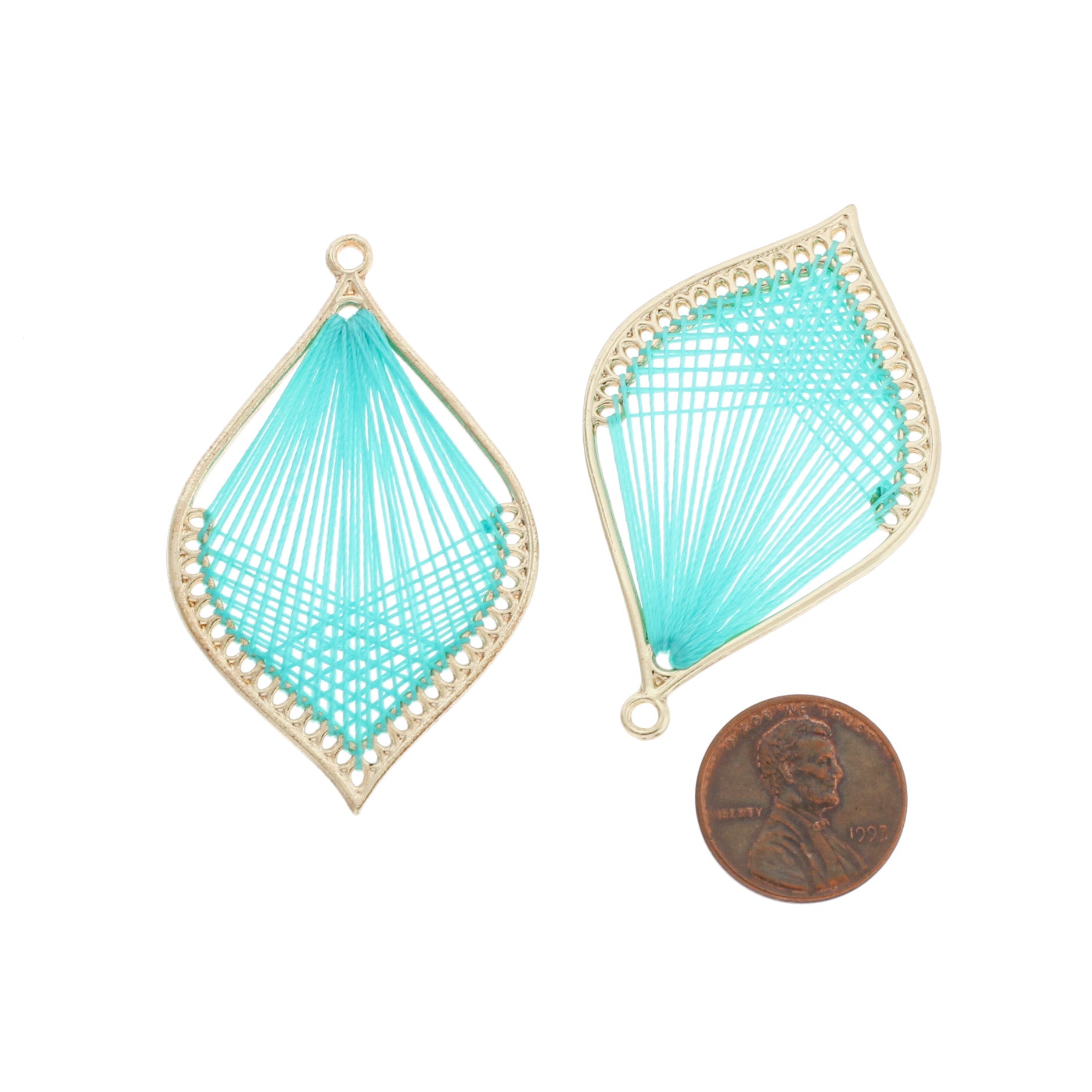 2 pendentifs dorés à la feuille tissée turquoise - TSP278