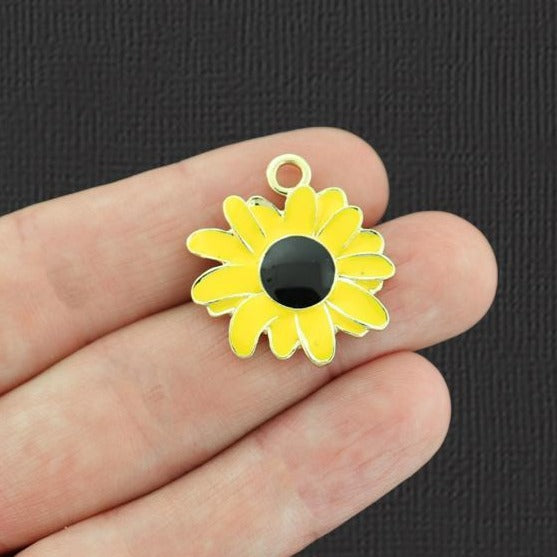 2 Yellow Flower Gold Tone Enamel Charms - E758