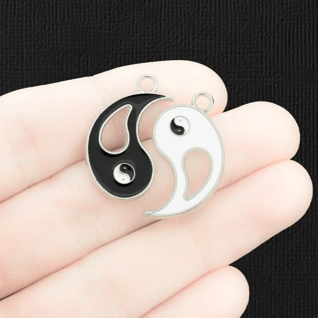 2 Yin Yang Silver Tone Enamel Charms 2 Piece Set - E1431