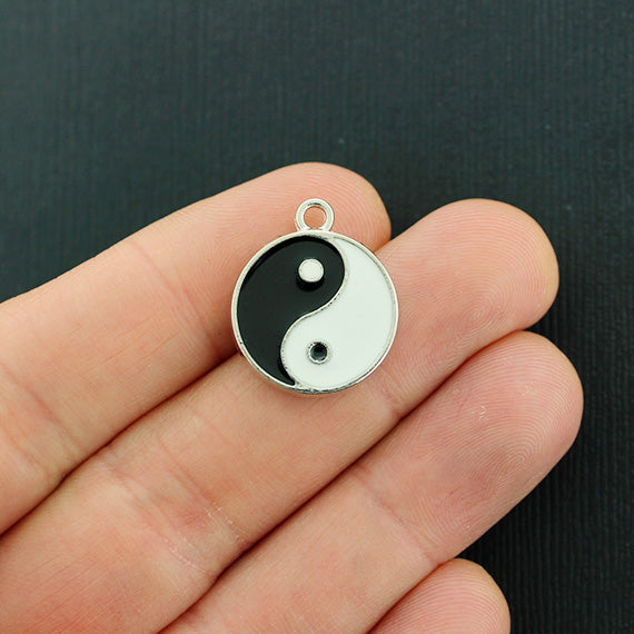 2 Yin Yang Silver Tone Enamel Charms 2 Sided - E720