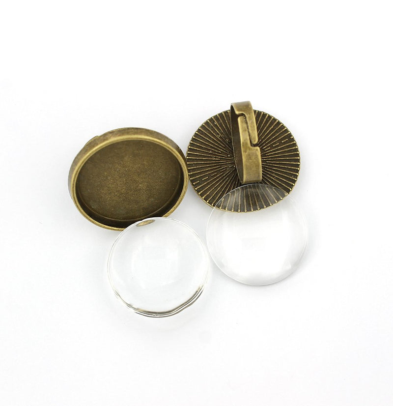 Antique Bronze Tone Cabochon Ring Bases - 24.5mm Tray - with Glass Dome Seals - 2 Sets 4 Pieces - Z856