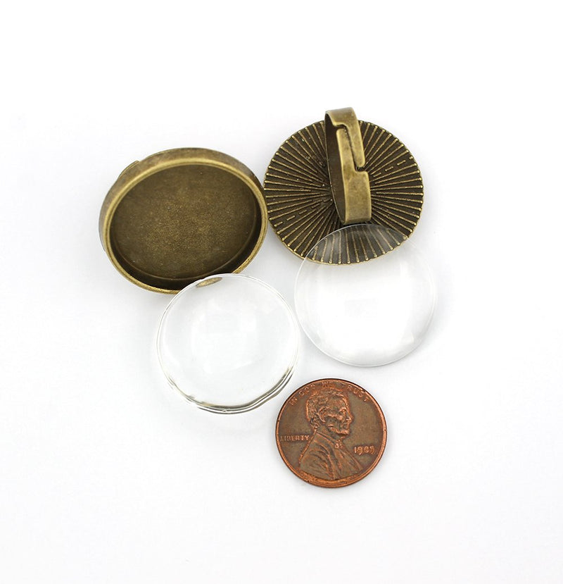 Antique Bronze Tone Cabochon Ring Bases - 24.5mm Tray - with Glass Dome Seals - 2 Sets 4 Pieces - Z856
