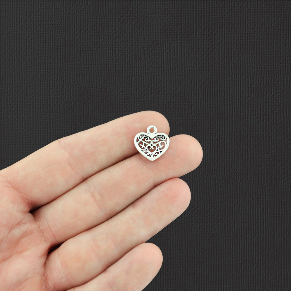 20 Filigree Heart Antique Silver Tone Charms - SC7163