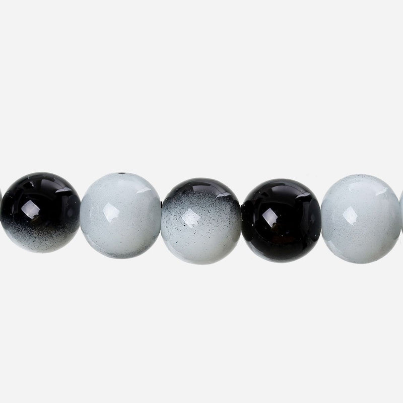 Round Glass Beads 10mm - Black and Grey - 20 Beads - BD777