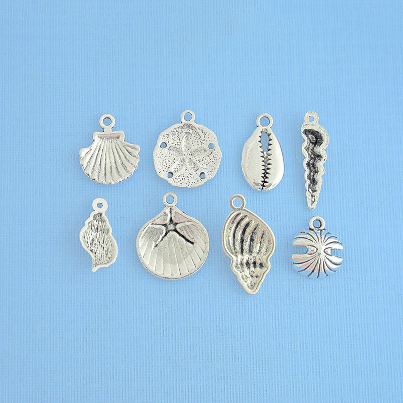 Seashell Charm Collection Antique Silver Tone 8 Different Charms - COL125