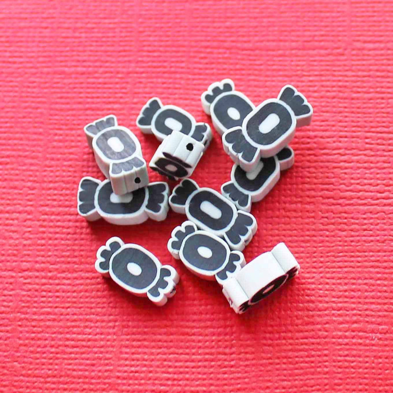 Candy Polymer Clay Beads 13mm x 6mm x 4mm - Black and White - 25 Beads - BD1198
