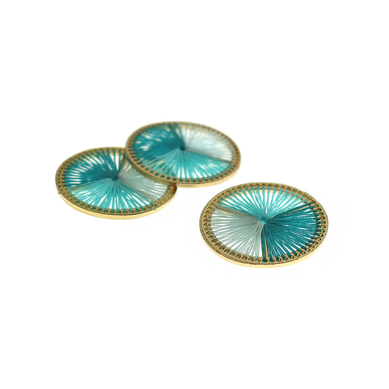 2 Turquoise Woven Round Gold Tone Pendants - TSP313