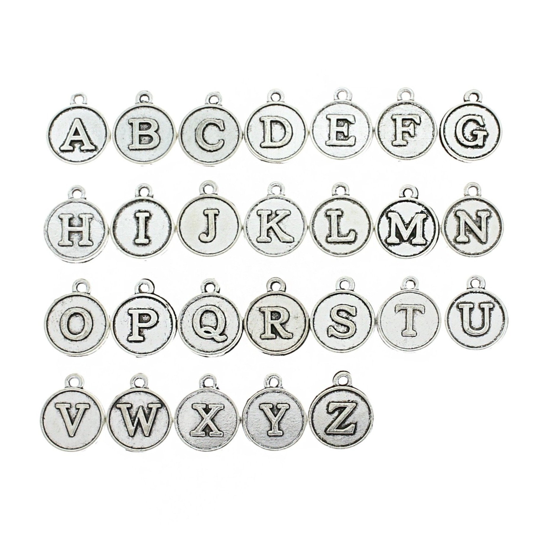 26 Lettres de l'Alphabet Antique Silver Tone Charms 2 Faces - 1 Set - ALPHA2700