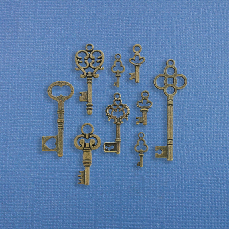 Key Charm Collection Antique Bronze Tone 9 Charms - COL196