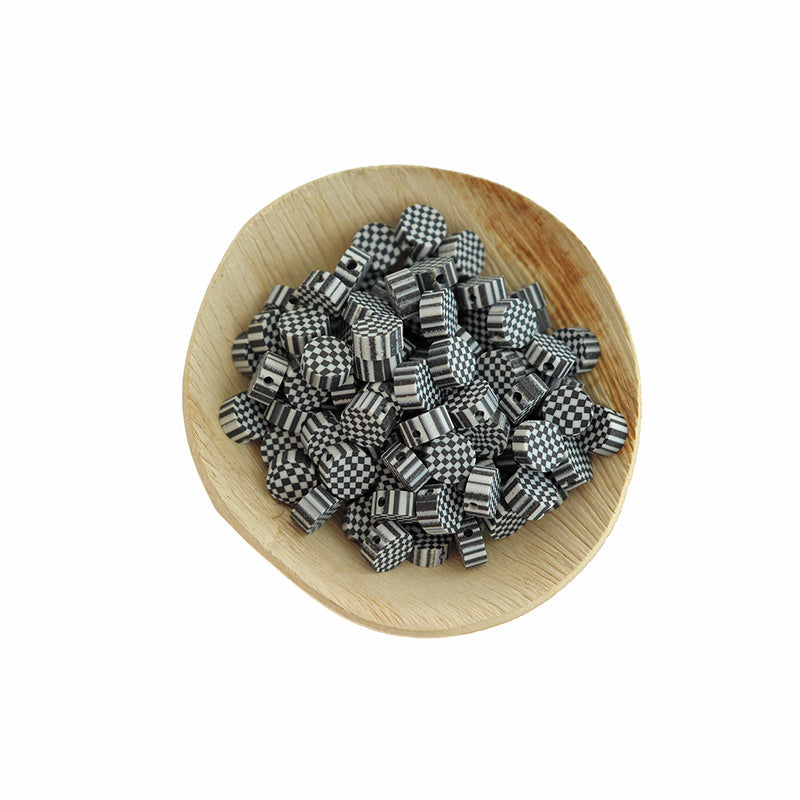 Flat Round Polymer Clay Beads 10mm x 5mm - Black and White Checkered - 50 Beads - BD1974