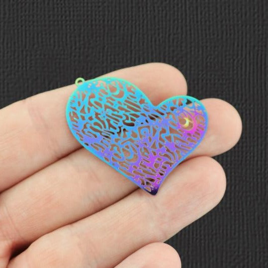 4 Lace Heart Rainbow Electroplated Stainless Steel Charms 2 Sided - SSP206