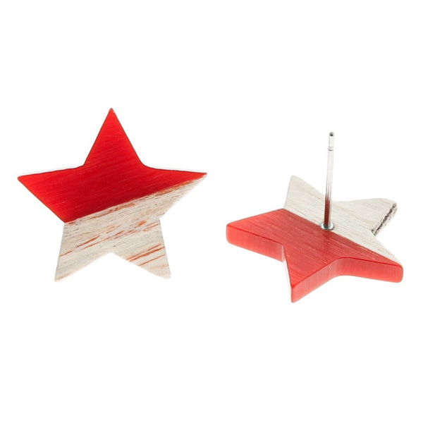 Wood Star Stainless Steel Earrings - Colorful Resin - Choose Your Color - 1 Pair