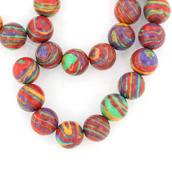 Round Natural Malachite Beads 8mm - Red, Green, Blue, and Yellow - 1 Strand 50 Beads - BD597